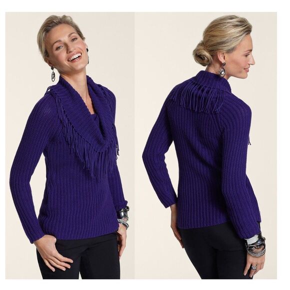 Chico's Sweater Size 1 (8) Fringe Cowl Neck Royal Blue - Picture 1 of 9